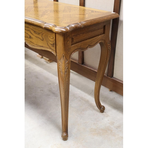 664 - French style oak three drawer console table, approx 80cm H x 159cm W x 49cm D