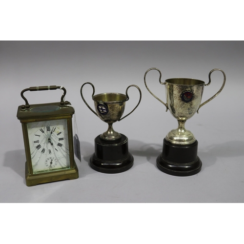 791 - Selection of trophies, French brass carriage clock, glass damaged, approx 16cm H and shorter