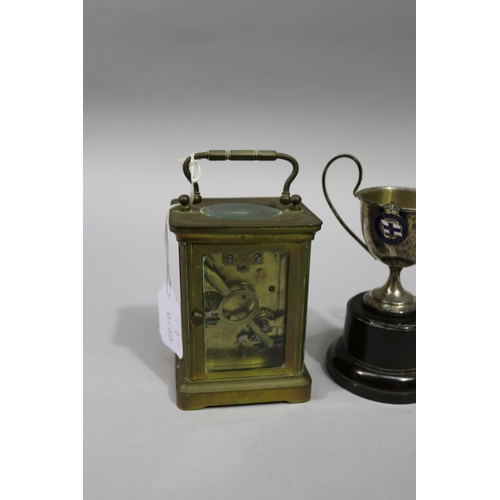 791 - Selection of trophies, French brass carriage clock, glass damaged, approx 16cm H and shorter