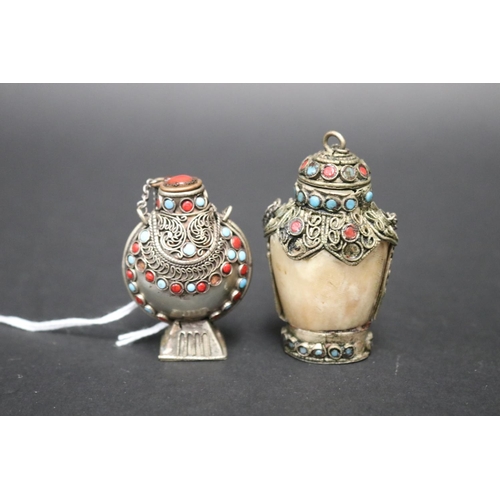 797 - Two Chinese snuff bottles, one showing age silver set with turquoise and coral, the other modern rep... 