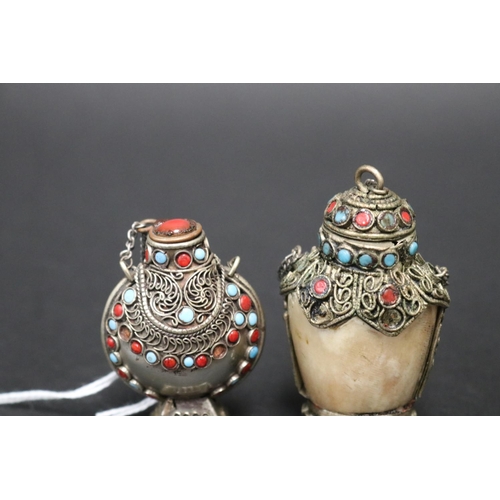 797 - Two Chinese snuff bottles, one showing age silver set with turquoise and coral, the other modern rep... 