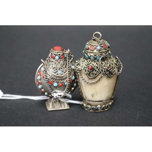 797 - Two Chinese snuff bottles, one showing age silver set with turquoise and coral, the other modern rep... 