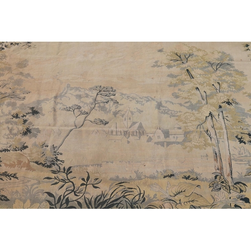 785 - Large French landscape tapestry, distant Church and buildings, boarder of alternating shell and cart... 