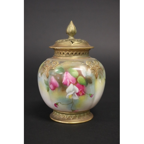 804 - Royal Worcester lidded pot pourri, Sweet pea decoration, 278/H4454. Lid restored. Approx 13cm H