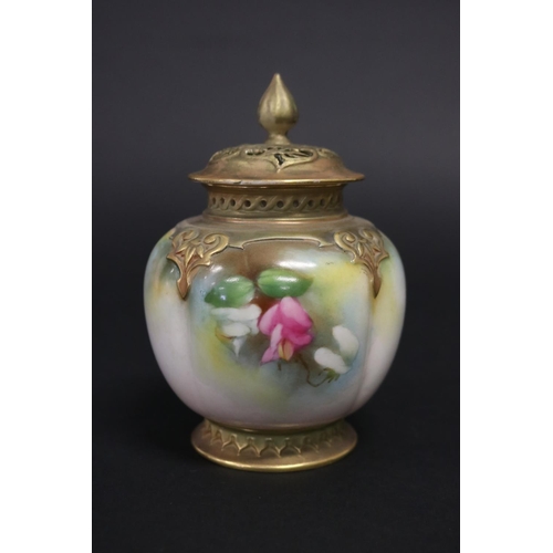 804 - Royal Worcester lidded pot pourri, Sweet pea decoration, 278/H4454. Lid restored. Approx 13cm H