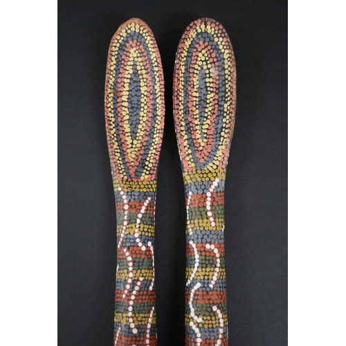 824 - Kitty Pultara Nabaljari, (Australian Aboriginal deceased) Pair of painted spoons, bean tree, dated 8... 