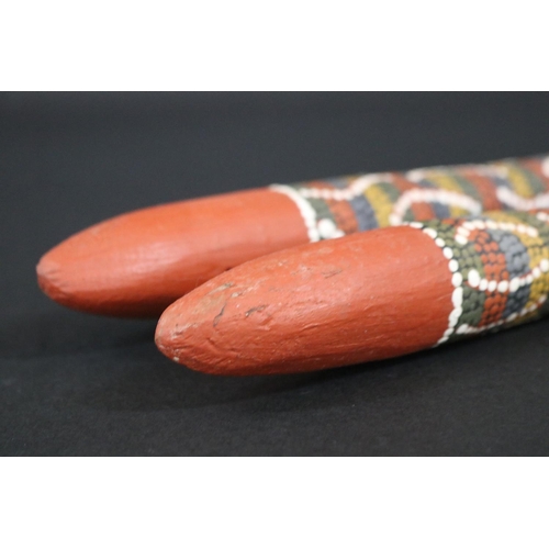 824 - Kitty Pultara Nabaljari, (Australian Aboriginal deceased) Pair of painted spoons, bean tree, dated 8... 