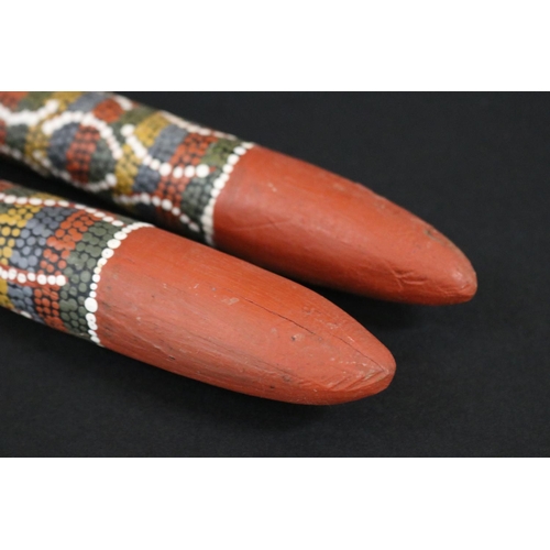 824 - Kitty Pultara Nabaljari, (Australian Aboriginal deceased) Pair of painted spoons, bean tree, dated 8... 