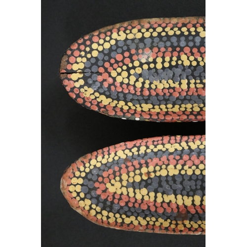 824 - Kitty Pultara Nabaljari, (Australian Aboriginal deceased) Pair of painted spoons, bean tree, dated 8... 