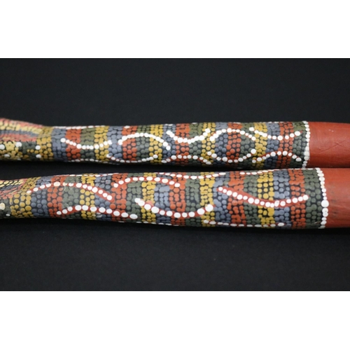 824 - Kitty Pultara Nabaljari, (Australian Aboriginal deceased) Pair of painted spoons, bean tree, dated 8... 