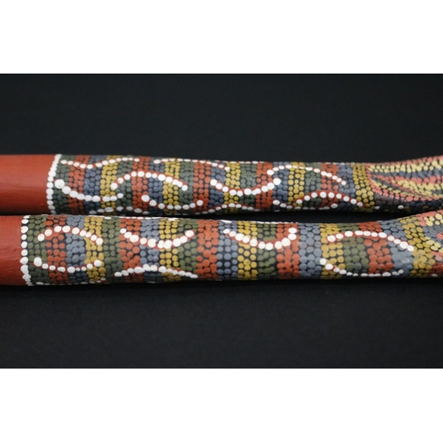 824 - Kitty Pultara Nabaljari, (Australian Aboriginal deceased) Pair of painted spoons, bean tree, dated 8... 