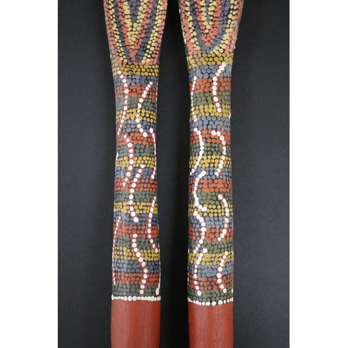 824 - Kitty Pultara Nabaljari, (Australian Aboriginal deceased) Pair of painted spoons, bean tree, dated 8... 