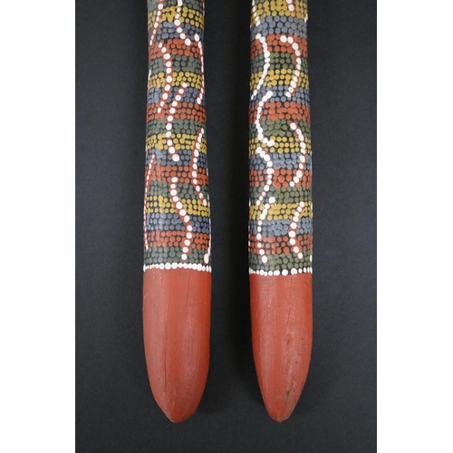 824 - Kitty Pultara Nabaljari, (Australian Aboriginal deceased) Pair of painted spoons, bean tree, dated 8... 