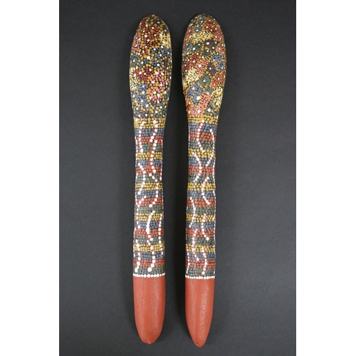 824 - Kitty Pultara Nabaljari, (Australian Aboriginal deceased) Pair of painted spoons, bean tree, dated 8... 