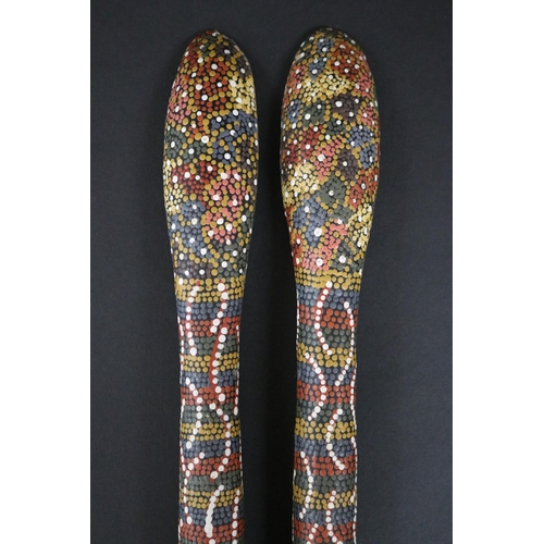 824 - Kitty Pultara Nabaljari, (Australian Aboriginal deceased) Pair of painted spoons, bean tree, dated 8... 