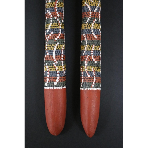 824 - Kitty Pultara Nabaljari, (Australian Aboriginal deceased) Pair of painted spoons, bean tree, dated 8... 