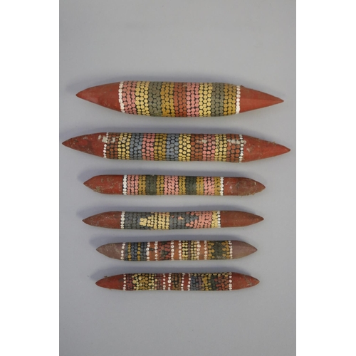 835 - Kitty Napperby Pultara (c1924-.) Australia (Aboriginal) three pairs of painted music sticks (6) long... 