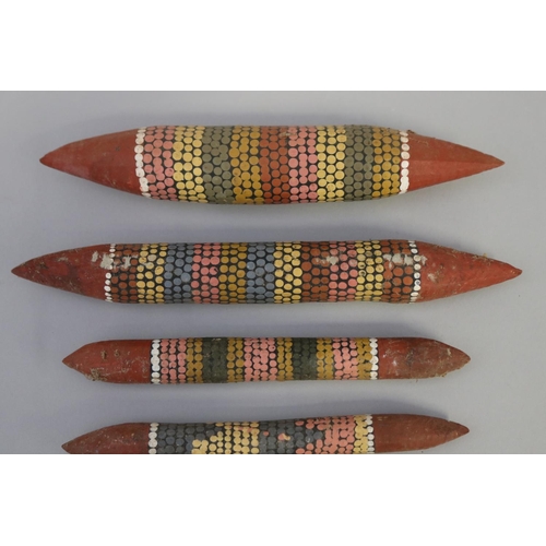 835 - Kitty Napperby Pultara (c1924-.) Australia (Aboriginal) three pairs of painted music sticks (6) long... 