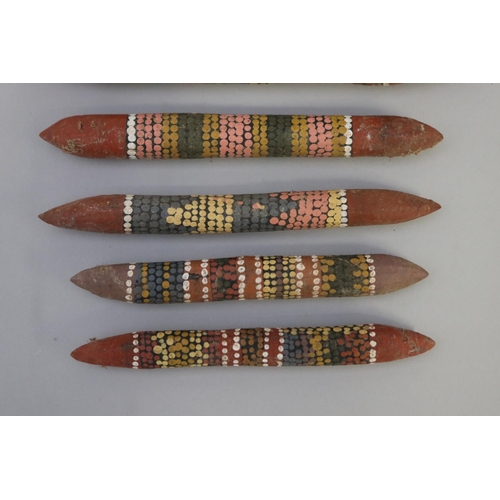 835 - Kitty Napperby Pultara (c1924-.) Australia (Aboriginal) three pairs of painted music sticks (6) long... 