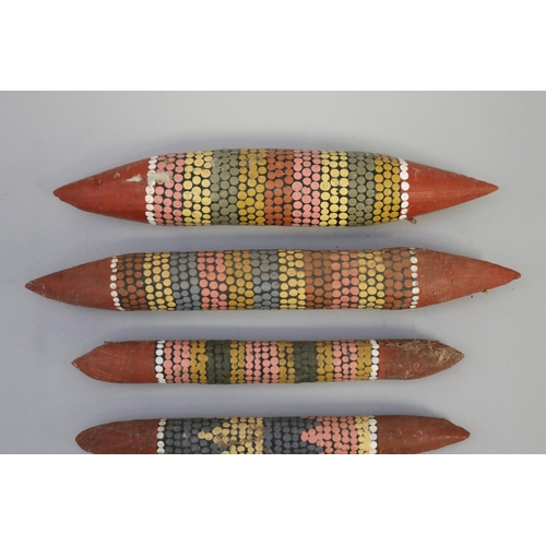 835 - Kitty Napperby Pultara (c1924-.) Australia (Aboriginal) three pairs of painted music sticks (6) long... 