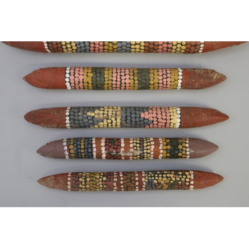 835 - Kitty Napperby Pultara (c1924-.) Australia (Aboriginal) three pairs of painted music sticks (6) long... 