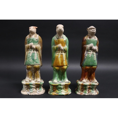 854 - Three Chinese Tang style sancai-glazed pottery zodiac figures, each approx 31cm H (3)