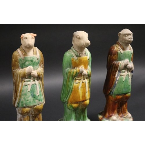 854 - Three Chinese Tang style sancai-glazed pottery zodiac figures, each approx 31cm H (3)