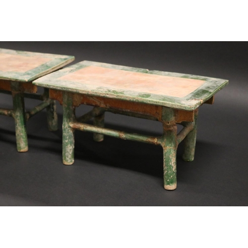 855 - Two Chinese tang style sancai glazed pottery funerary tables, each approx 16cm H x 31cm W x 18cm D  ... 