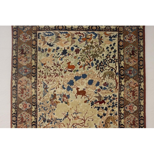 861 - Fine Persian silk & wool blend Qum wild animal carpet, Ex Persian Carpet Gallery 1979, approx 107cm ... 