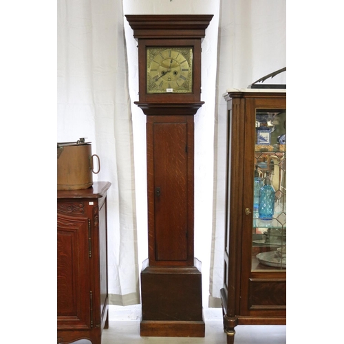 874 - Antique oak longcase clock, brass dial signed Kingson Abrey Mere, with weights and pendulum, unteste... 