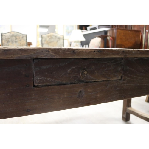 876 - Antique French late 18th early 19th century rustic oak country table, deep drawer to one end, trestl... 