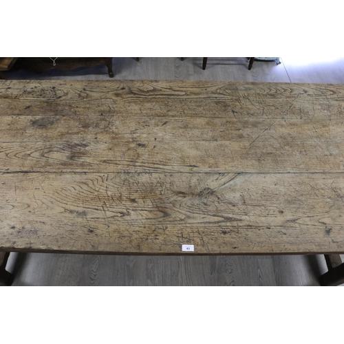 876 - Antique French late 18th early 19th century rustic oak country table, deep drawer to one end, trestl... 