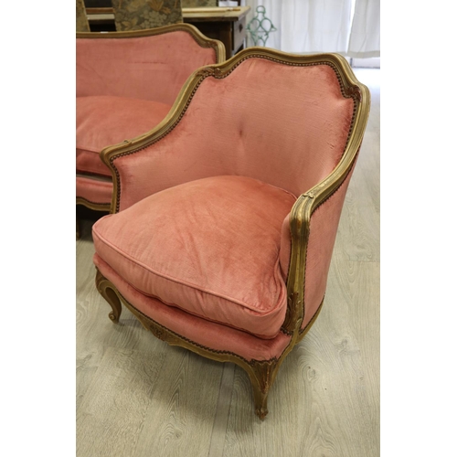 878 - French Louis XV style three piece lounge suite, comprising two armchairs & settee, approx 81cm H x 1... 