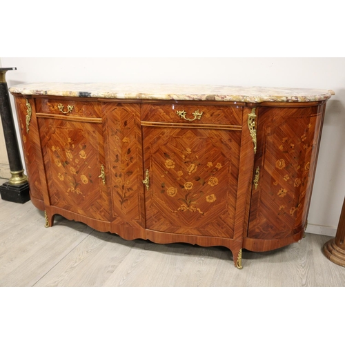 882 - Impressive marble topped French Louis XV style floral marquetry enfilade buffet, approx 102cm H x 22... 