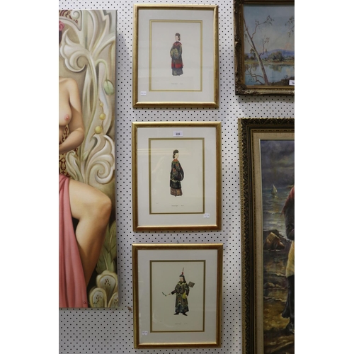 699 - Three framed coloured Chinese prints, each approx 28cm x 20cm (3)