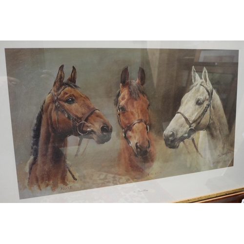 724 - S.L Crawford, coloured framed print titled We Three Kings, Arkle, Red Rum, Desert orchid, approx 35c... 