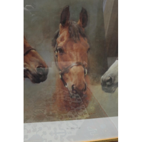 724 - S.L Crawford, coloured framed print titled We Three Kings, Arkle, Red Rum, Desert orchid, approx 35c... 