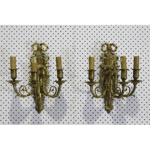 885 - Fine pair of antique French three light appliques, ribbon and quiver backs, each approx 37cm H x 29c... 