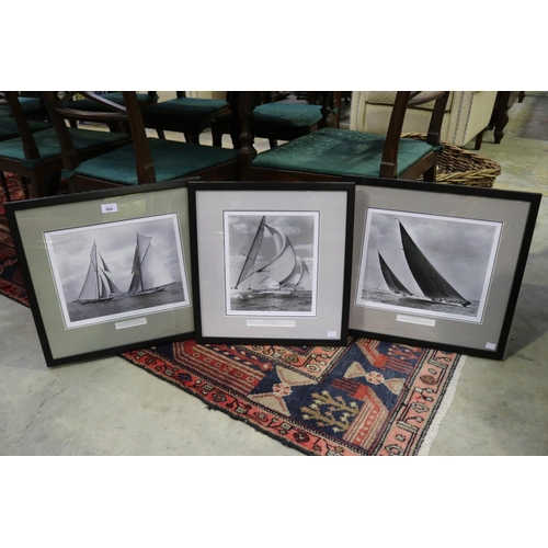 684 - Three framed boat photos, Shamrock II and Columbia, 1901, M Boats 1935, Zio and Nightwind 1939, appr... 