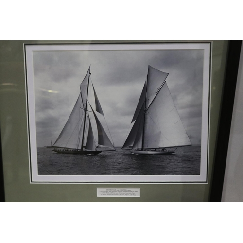 684 - Three framed boat photos, Shamrock II and Columbia, 1901, M Boats 1935, Zio and Nightwind 1939, appr... 