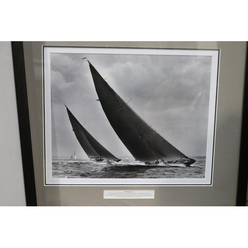 684 - Three framed boat photos, Shamrock II and Columbia, 1901, M Boats 1935, Zio and Nightwind 1939, appr... 