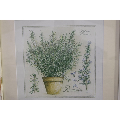 717 - Three decorated painted framed prints of herbs in terracotta pots, each approx 23cm sq (3)