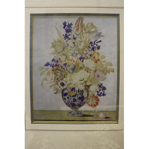 718 - Decorative framed colour print, vase of flowers, 51 cm x 39 cm