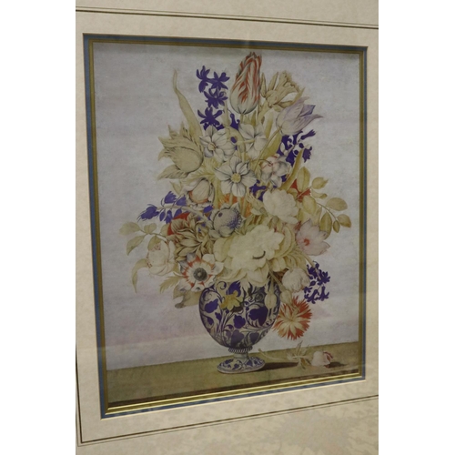 718 - Decorative framed colour print, vase of flowers, 51 cm x 39 cm