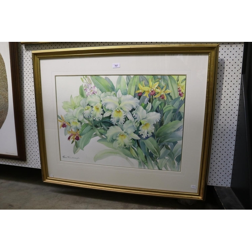 767 - Fiona Farmsbrough, still life Irises, watercolour, signed lower left, approx 50cm x 70cm