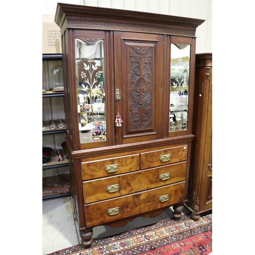 778 - Huon pine base cabinet with etched glass mirrors, approx 206cm H x 124cm W x 51cm D