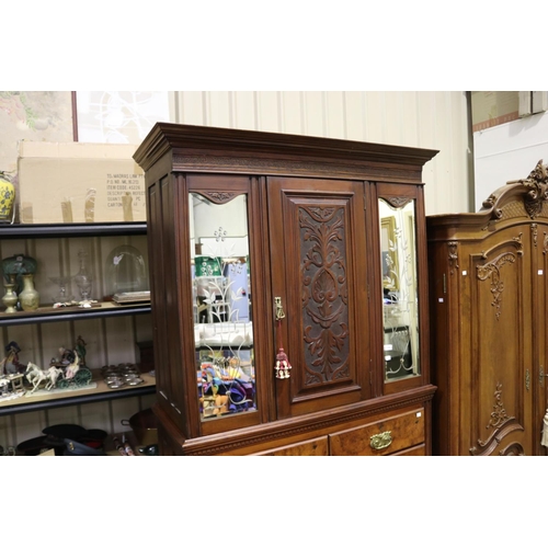 778 - Huon pine base cabinet with etched glass mirrors, approx 206cm H x 124cm W x 51cm D