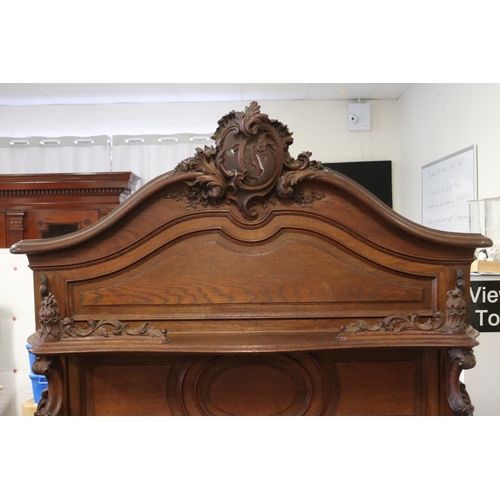 862 - Good example French oak marble inset servery sideboard, with well carved open back, pot board base, ... 