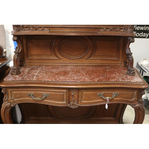 862 - Good example French oak marble inset servery sideboard, with well carved open back, pot board base, ... 
