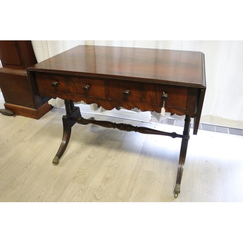 873 - English mahogany two drawer sofa table, approx 73cm H x 96cm W (closed) x 62cm D